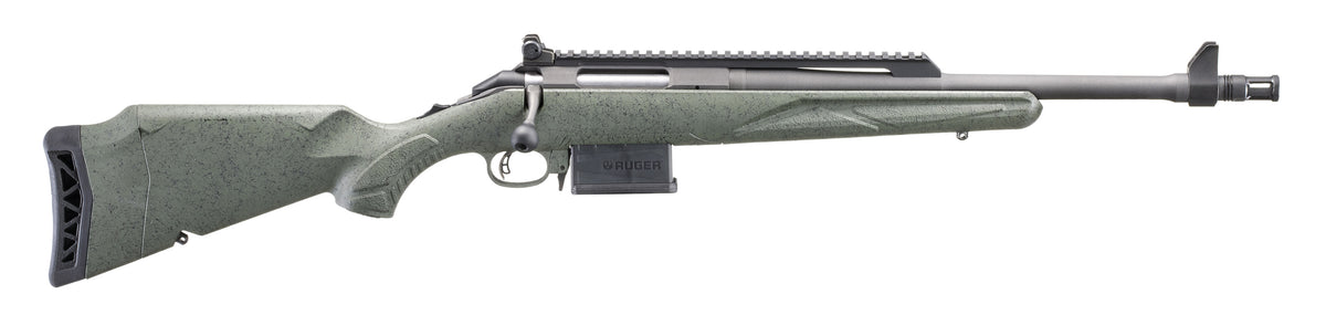 Ruger American II Scout 308 Winchester (5+1) 16.10" Cobalt Cerakote Threaded Barrel, Scope Rail, Leaf Green Splatter Synthetic Stock