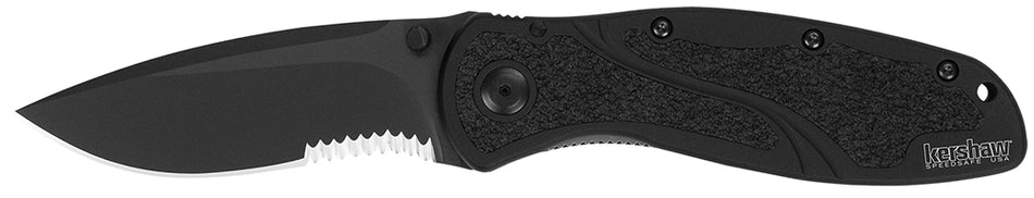 Kershaw Blur 1670BLKST 3.40" Folding Drop Point Recurve Partial Serration Black DLC Steel Blade Anodized Aluminum Handle