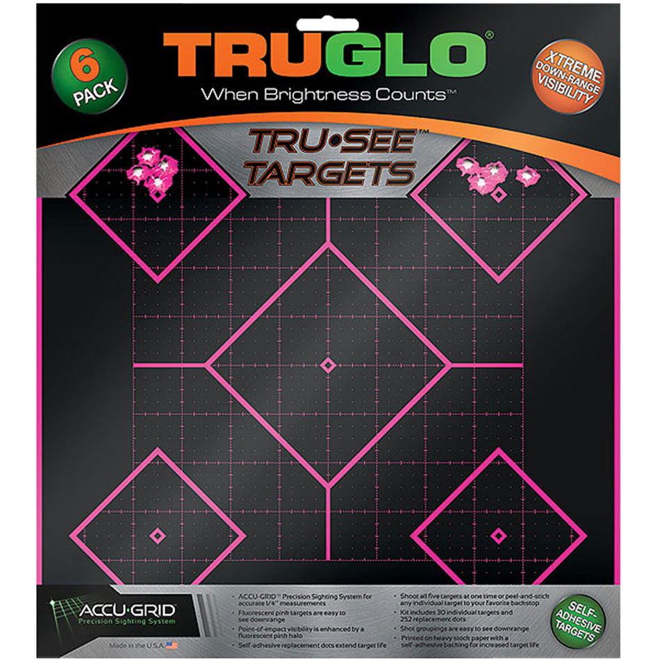TruGlo TG14P6 Tru-See 5-Diamond Pink Halo Self-Adhesive Paper Targets 12x12" 6-Pack
