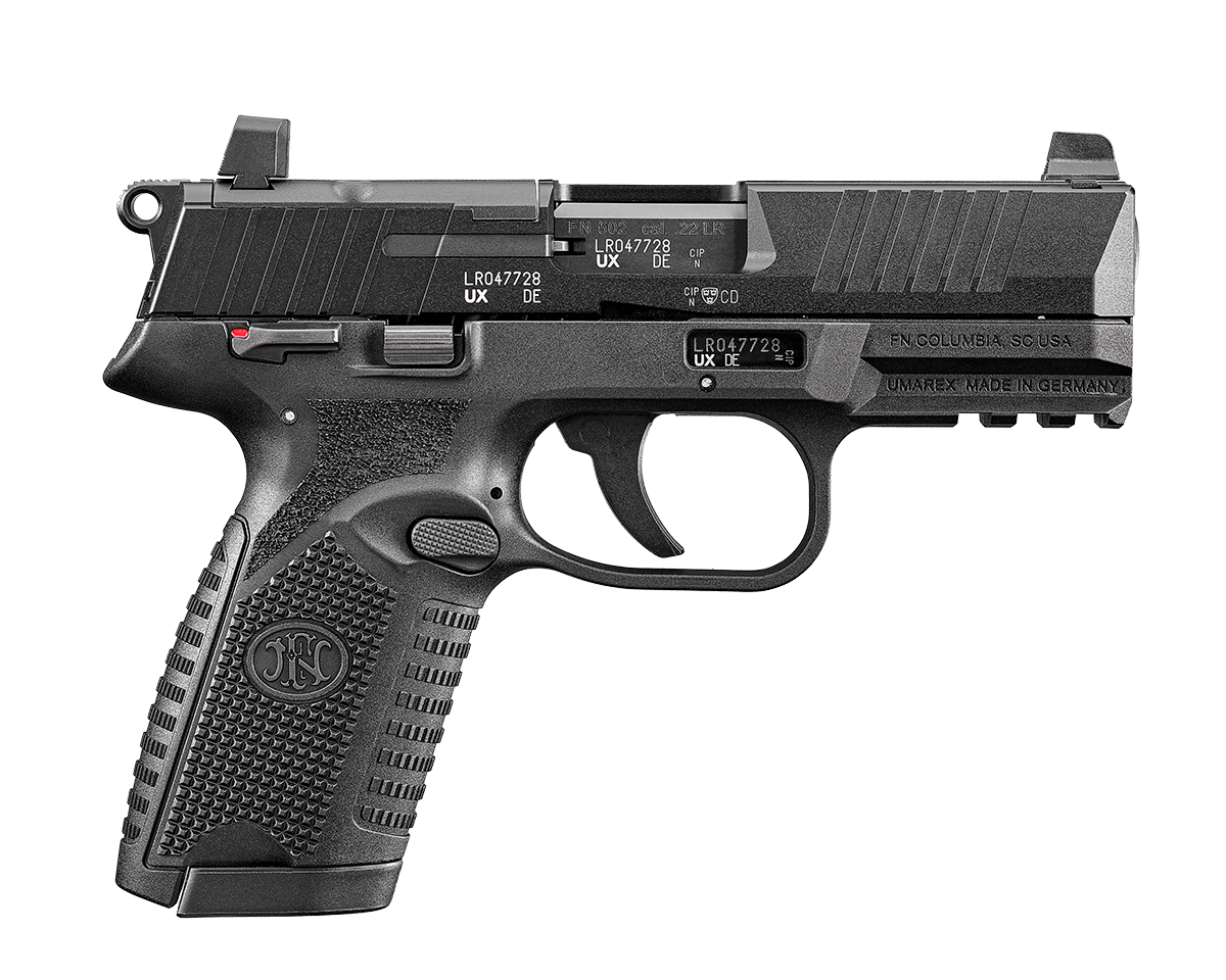FN 66102317 502 MRD *CA Compliant 22 LR 10+1 4" Black Target Crown Barrel, Black Optic Ready/Serrated Slide, Black Polymer Frame w/Picatinny Rail, Textured Grip, Ambidextrous