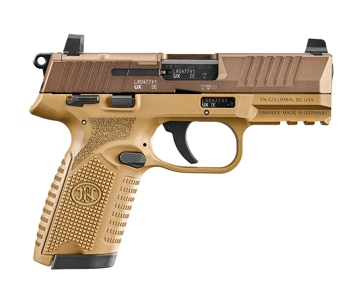 FN 66102318 502 MRD 22 LR 10+1 4" Black Target Crown Barrel, Flat Dark Earth Optic Ready/Serrated Slide, Flat Dark Earth Polymer Frame w/Picatinny Rail, Textured Grip, Ambidextrous
