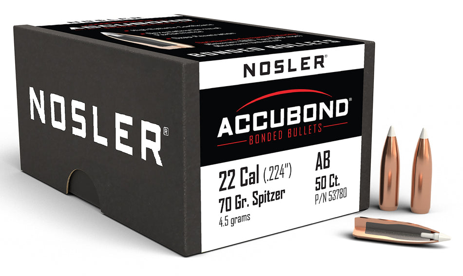 Nosler AccuBond 22 Caliber 70 Grain Spitzer Point Rifle Bullets 50/Box
