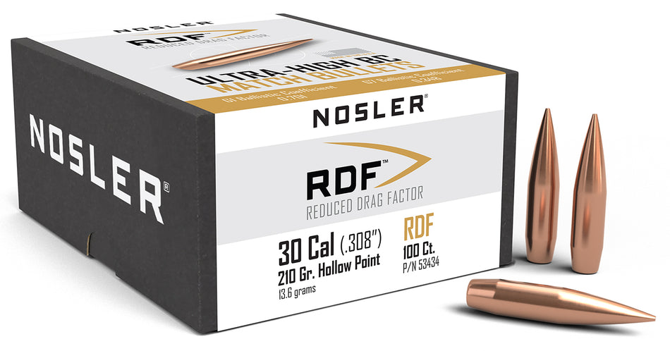 Nosler RDF Match 30 Caliber 210gr Hollow Point Boat Tail Bullets 100/Box