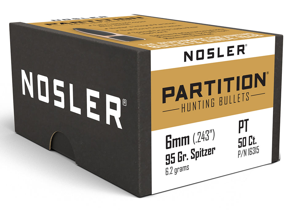 Nosler Partition 6mm Caliber 95 Grain Spitzer Rifle Bullets 50/Box