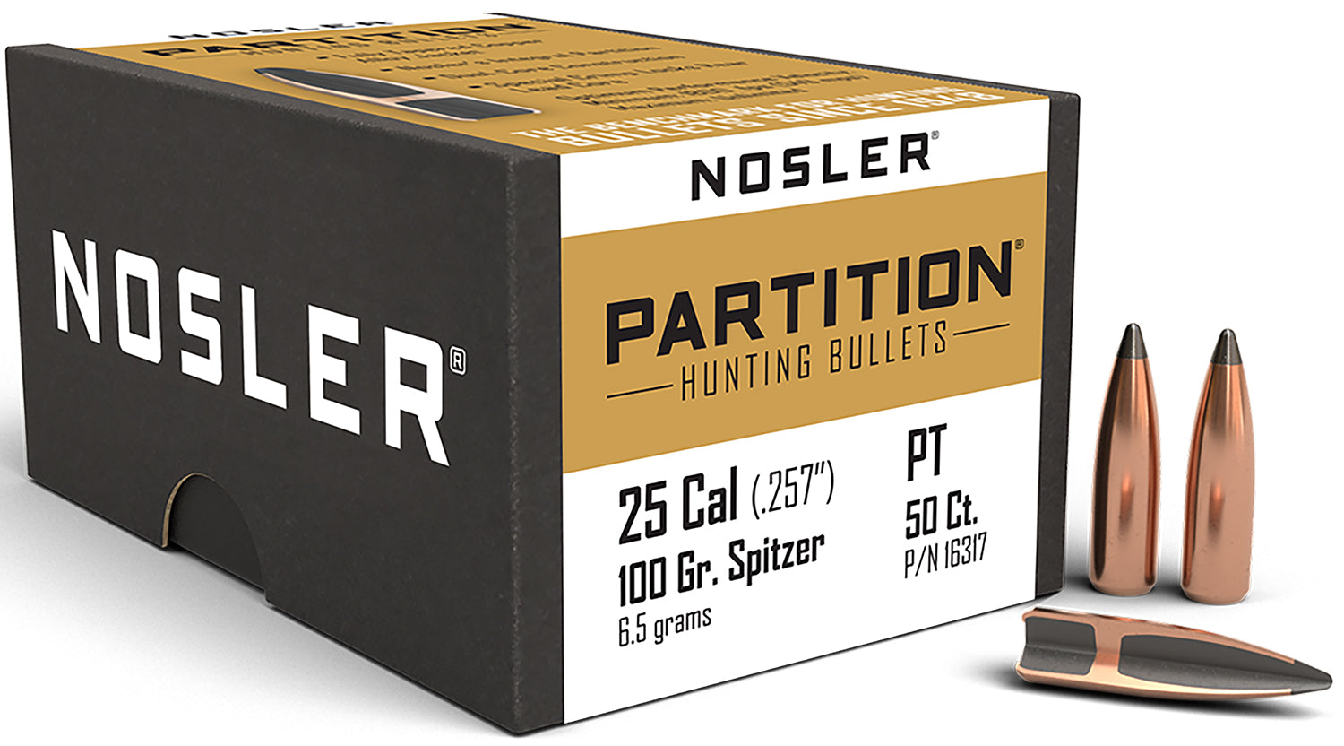 Nosler Partition .25 Cal 100 Grain Spitzer Rifle Bullets 50/Box