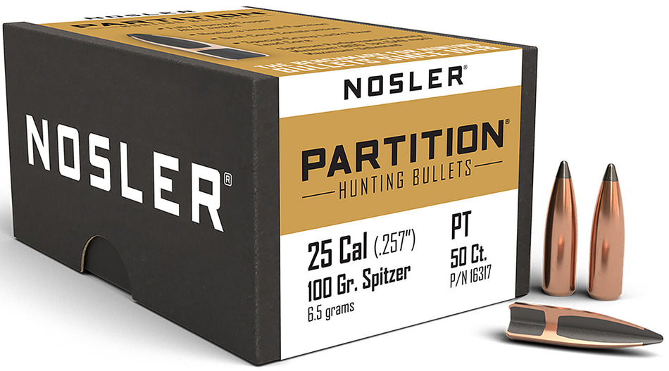 Nosler Partition .25 Cal 100 Grain Spitzer Rifle Bullets 50/Box
