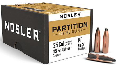 Nosler Partition .25 Cal 115 Grain Spitzer Rifle Hunting Bullets 50/Box