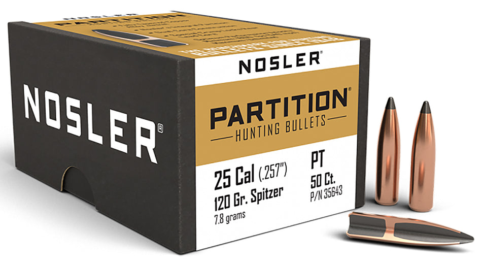 Nosler Partition .25 Cal 120 Grain Spitzer Rifle Hunting Bullets 50/Box