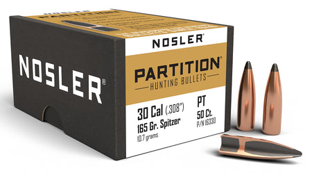 Nosler Partition .30 Cal 165 Grain Spitzer Rifle Hunting Bullets 50/Box