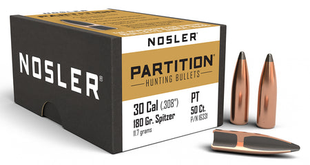 Nosler Partition .30 Cal 180 Grain Spitzer Rifle Hunting Bullets 50/Box