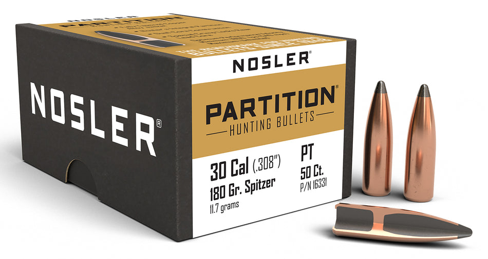 Nosler Partition .30 Cal 180 Grain Spitzer Rifle Hunting Bullets 50/Box
