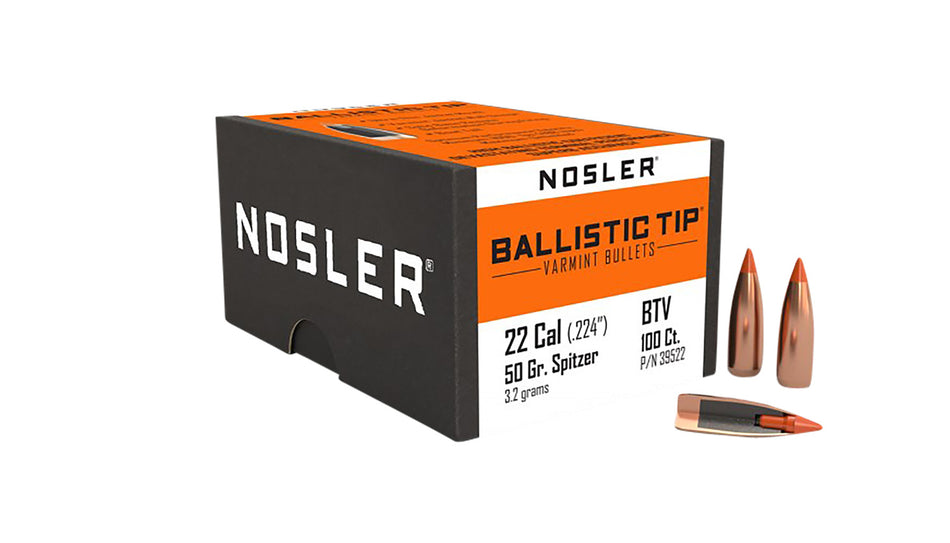 Nosler 22 Cal 50gr Ballistic Tip Varmint Spitzer Hunting Bullets 100/Box