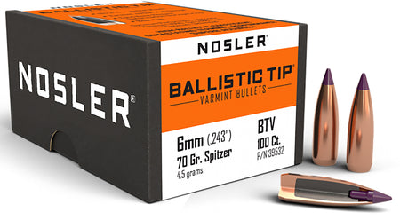 Nosler 6mm 70gr Ballistic Tip Varmint Spitzer Hunting Bullets 100/Box