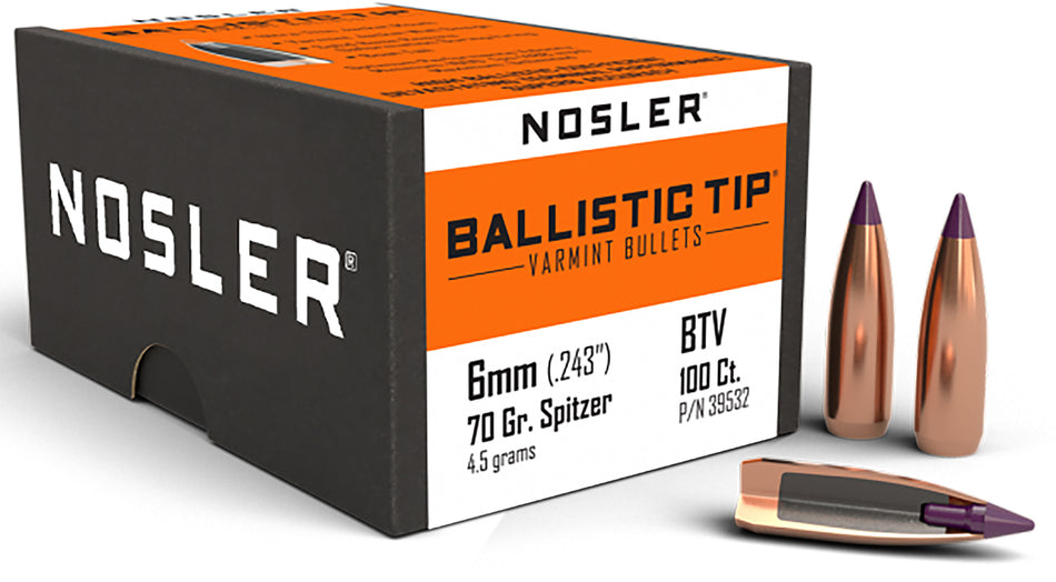 Nosler 6mm 70gr Ballistic Tip Varmint Spitzer Hunting Bullets 100/Box