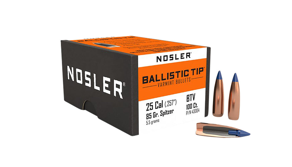 Nosler 25 Cal 85gr Ballistic Tip Varmint Spitzer Hunting Bullets 100/Box