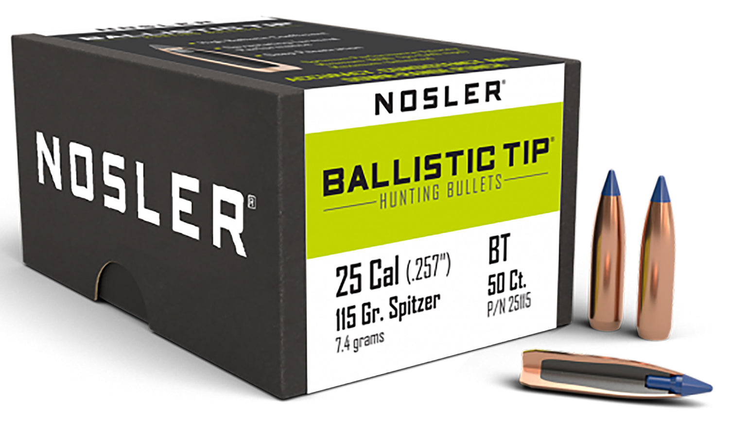 Nosler 25 Cal 115gr Ballistic Tip Hunting Spitzer Bullets 50/Box