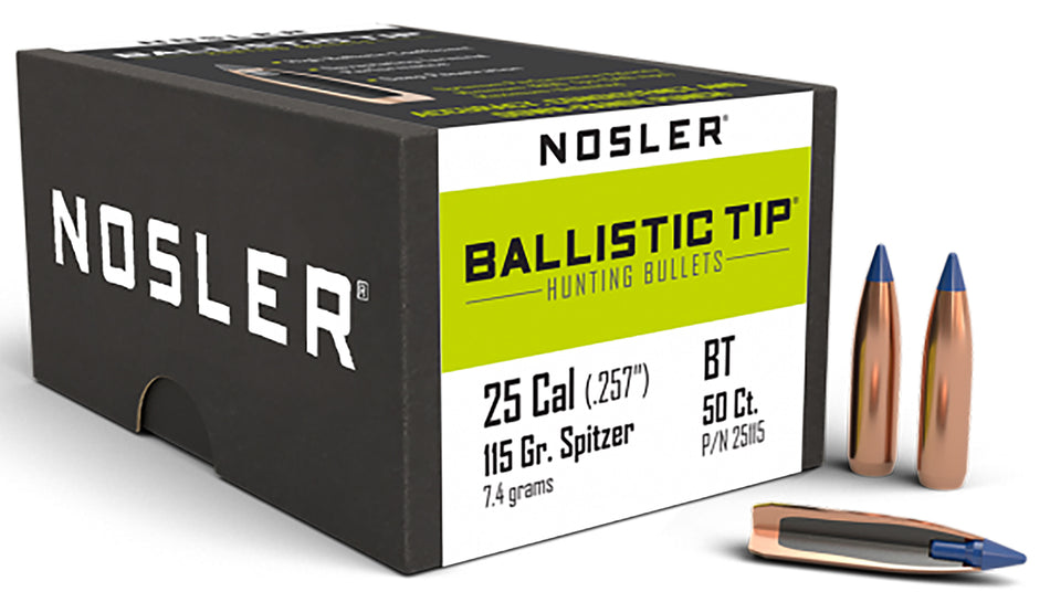 Nosler 25 Cal 115gr Ballistic Tip Hunting Spitzer Bullets 50/Box
