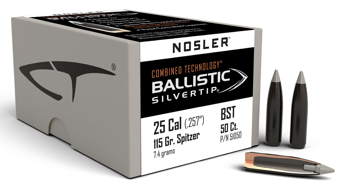 Nosler 25 Cal 115gr Ballistic Silvertip Spitzer Point Reloading Bullets 50/Box