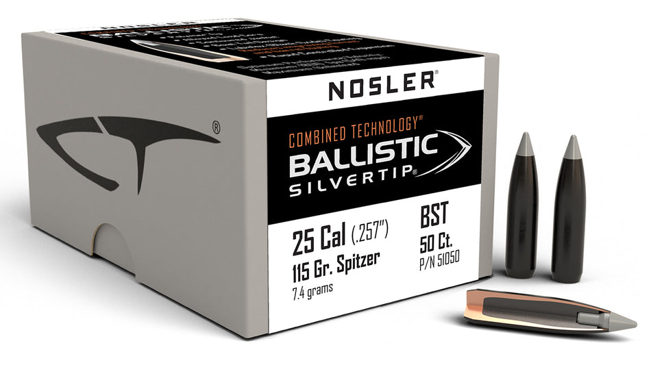 Nosler 25 Cal 115gr Ballistic Silvertip Spitzer Point Reloading Bullets 50/Box