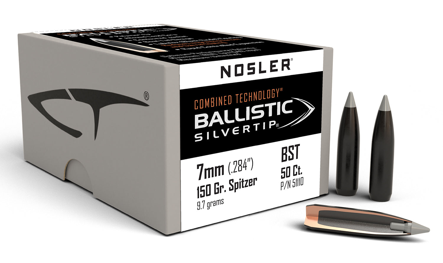 Nosler 7mm 150gr Ballistic Silvertip Spitzer Point Reloading Bullets 50/Box