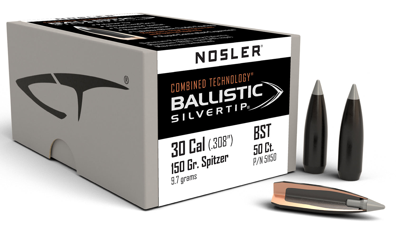 Nosler 30 Cal 150gr Ballistic Silvertip Spitzer Reloading Bullets 50/Box
