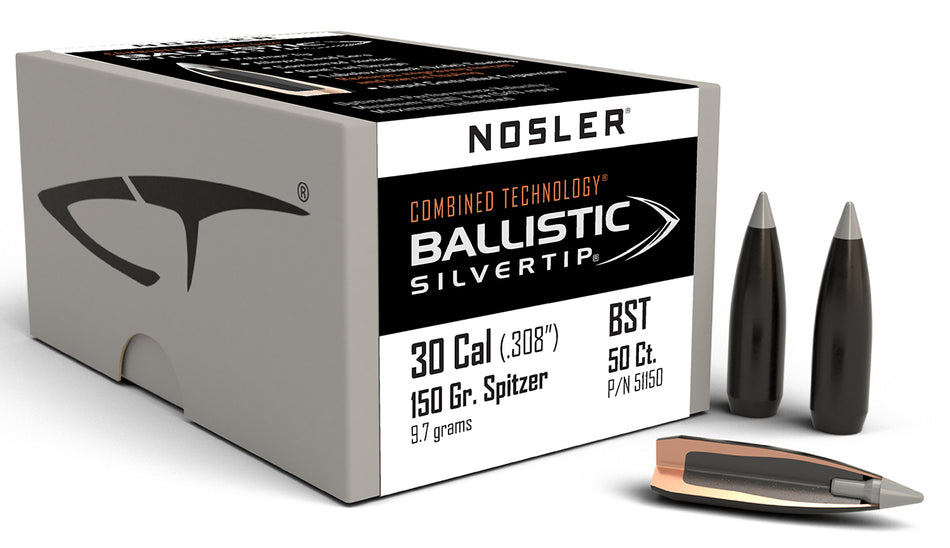Nosler 30 Cal 150gr Ballistic Silvertip Spitzer Reloading Bullets 50/Box