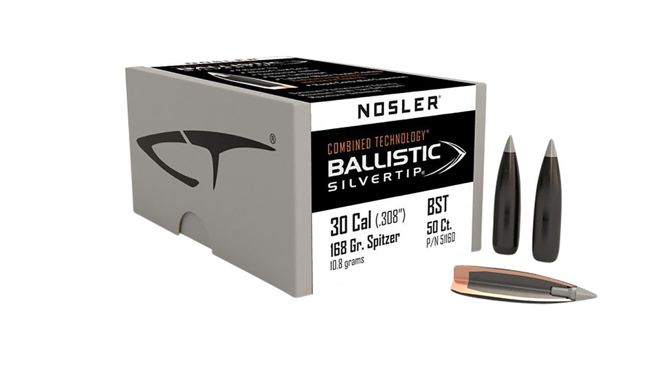 Nosler 30 Cal 168gr Ballistic Silvertip Spitzer Point Reloading Bullets 50/Box