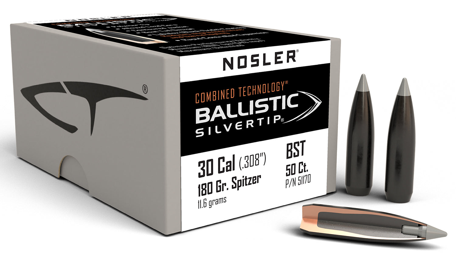 Nosler 30 Cal 180gr Ballistic Silvertip Spitzer Point Reloading Bullets 50/Box