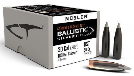 Nosler 30 Cal 180gr Ballistic Silvertip Spitzer Point Reloading Bullets 50/Box