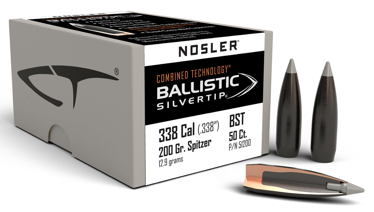 Nosler 338 Cal 200gr Ballistic Silvertip Spitzer Point Reloading Bullets 50/Box