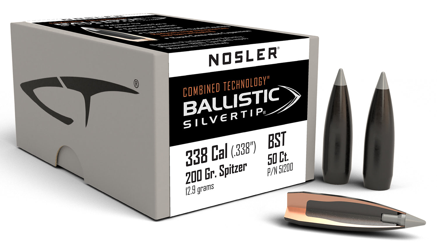 Nosler 338 Cal 200gr Ballistic Silvertip Spitzer Point Reloading Bullets 50/Box