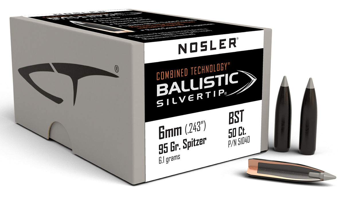 Nosler 6mm 95gr Ballistic Silvertip Spitzer Point Reloading Bullets 50/Box