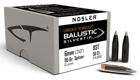 Nosler 6mm 95gr Ballistic Silvertip Spitzer Point Reloading Bullets 50/Box