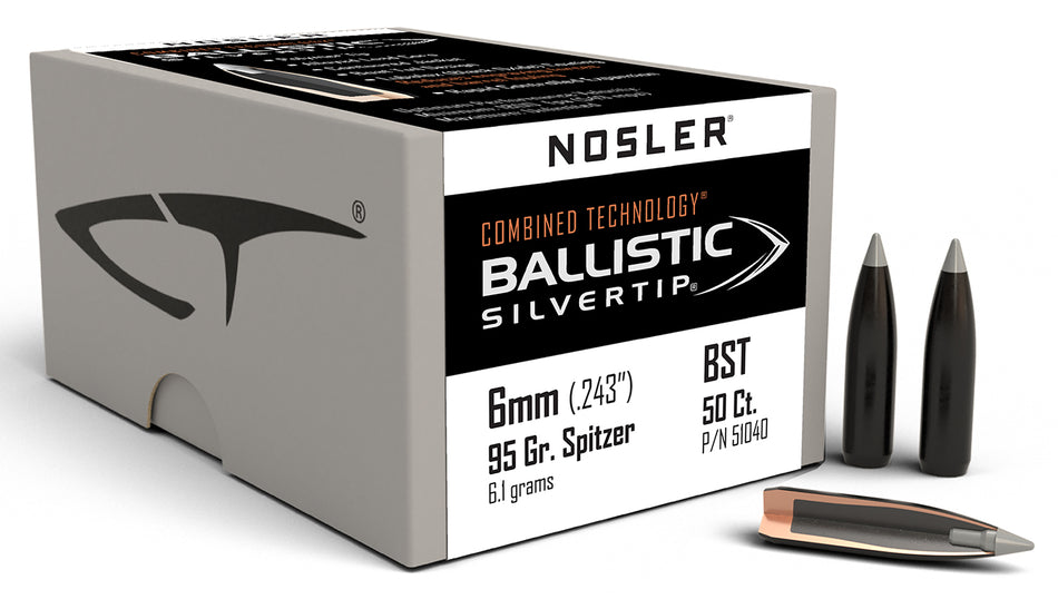 Nosler 6mm 95gr Ballistic Silvertip Spitzer Point Reloading Bullets 50/Box