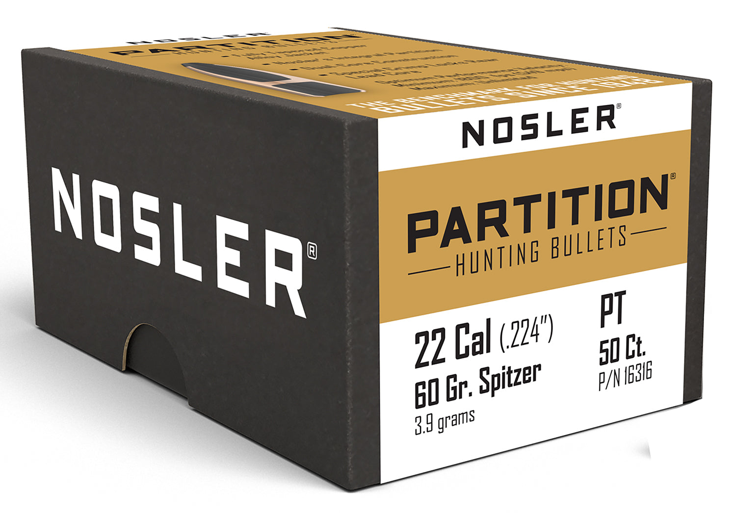 Nosler 22 Cal 60gr Partition Spitzer Reloading Bullets 50/Box