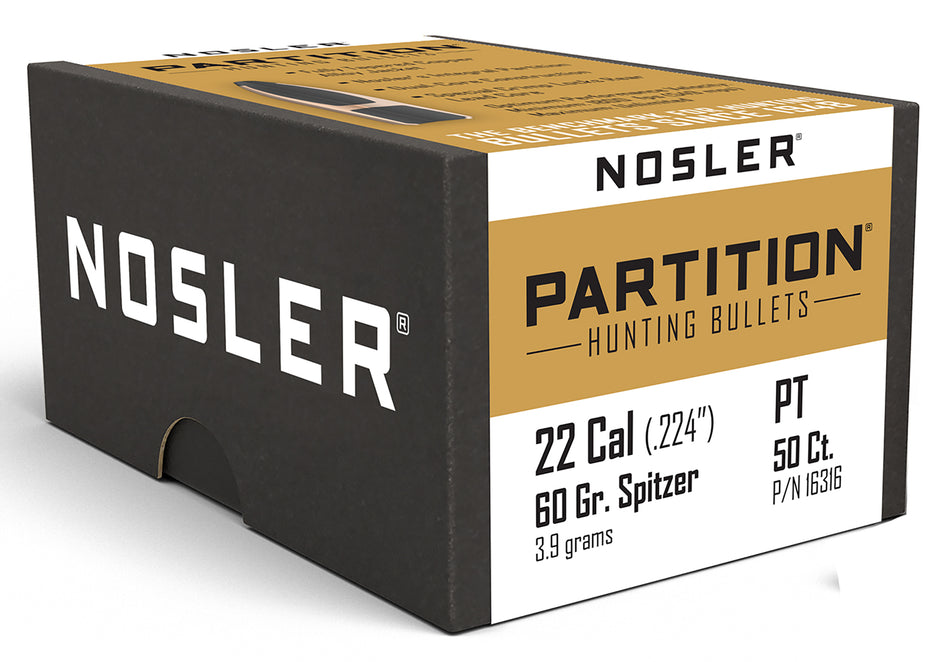 Nosler 22 Cal 60gr Partition Spitzer Reloading Bullets 50/Box