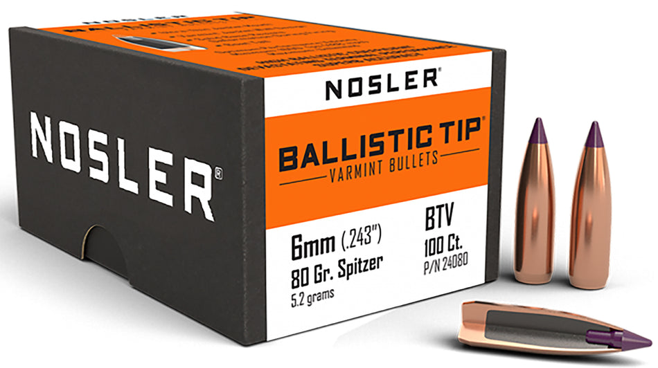 Nosler 6mm 80gr Ballistic Tip Varmint Spitzer Point 100-Pack