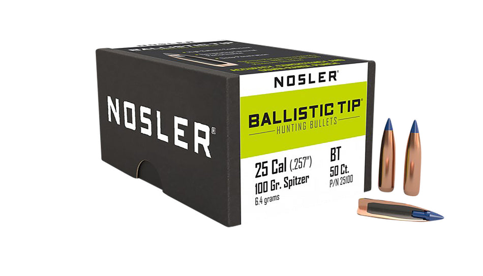 Nosler 100gr Ballistic Tip 25 Caliber Spitzer Point Bullet 50-Pack