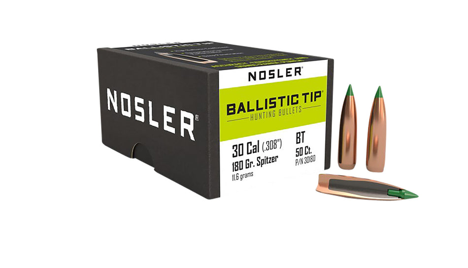 Nosler 180gr Ballistic Tip 30 Caliber Spitzer Point Bullet 50-Pack