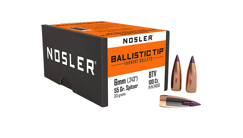 Nosler 55gr Ballistic Tip 6mm Varmint Spitzer Point Bullet 100-Pack