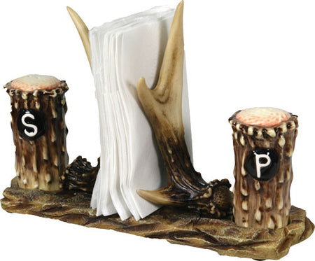 Rivers Edge Antler Ceramic Salt and Pepper Shakers with Resin Napkin Holder