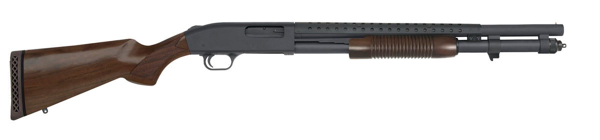 Mossberg 590 Retrograde 12 Gauge Pump Shotgun, 8+1, 20" Matte Blued Heat Shield Barrel, Walnut Stock