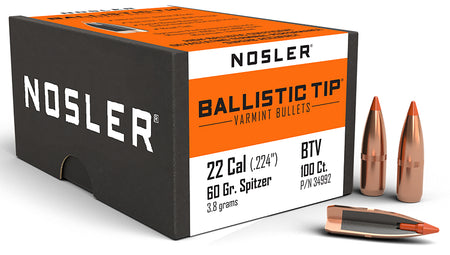 Nosler Ballistic Tip .22 Caliber 60 Grain Boat Tail Spitzer Bullets 100/Box