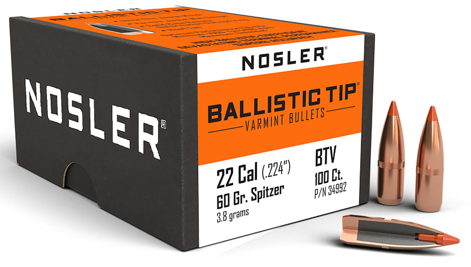Nosler Ballistic Tip .22 Caliber 60 Grain Boat Tail Spitzer Bullets 100/Box