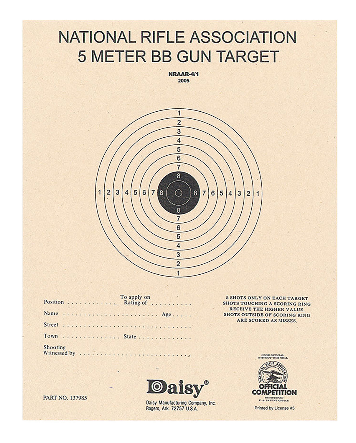 Daisy NRA 5-Meter Air Rifle Hanging Paper Bullseye Targets, 50-Count