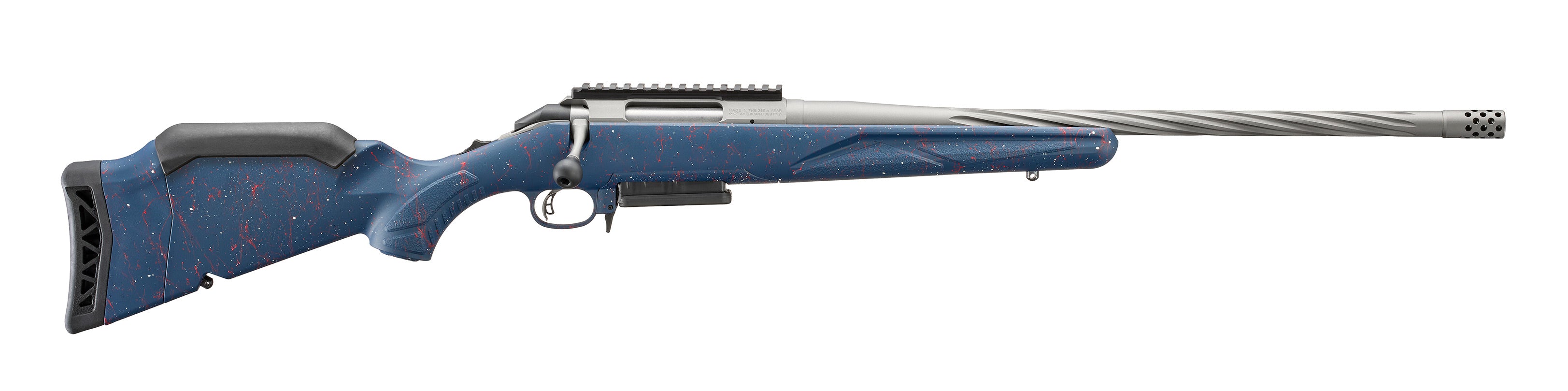 Ruger 56931 American II 250th Anniversary 308 Win 3+1 20" Gun Metal Gray Cerakote Spiral Fluted Threaded Barrel, Alloy Steel Receiver w/Picatinny Rail, Liberty Blue w/Red & White Splatter Adj Comb Syn