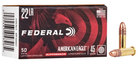 Federal .22 Long Rifle Rimefire Ammo American Eagle Suppressor Copper-Plated Round Nose JHP 45 grain 