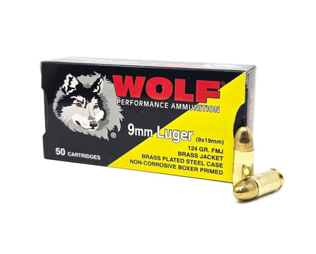 Wolf  9mm Luger Ammo Brass Plated Full Metal Jacket(FMJ) 124 Grain