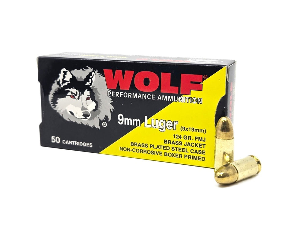 Wolf  9mm Luger Ammo Brass Plated Full Metal Jacket(FMJ) 124 Grain