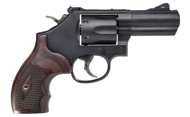 Smith & Wesson, Model 19, Double Action/Single Action, Metal Frame Revolver, K-Frame, 357 Magnum/38 Special +P, 3" PowerPort Barrel, Carbon Steel Frame, Glass Bead Finish, Black, Wood Grips, Front Night Sight, Adjustable Rear Sight, 6 Rounds